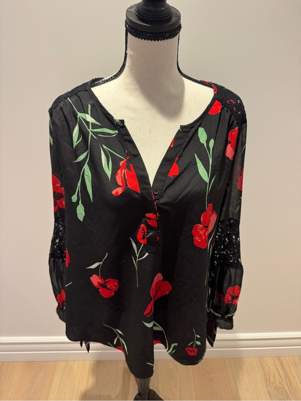 le chateau Black Blouse with Red Floral Print